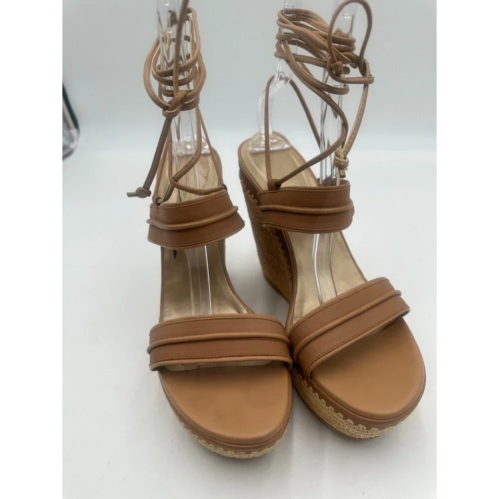 Stuart Weitzman Abandon Tan Leather Lace Up Espadrille Raffia Wedge Size 11M